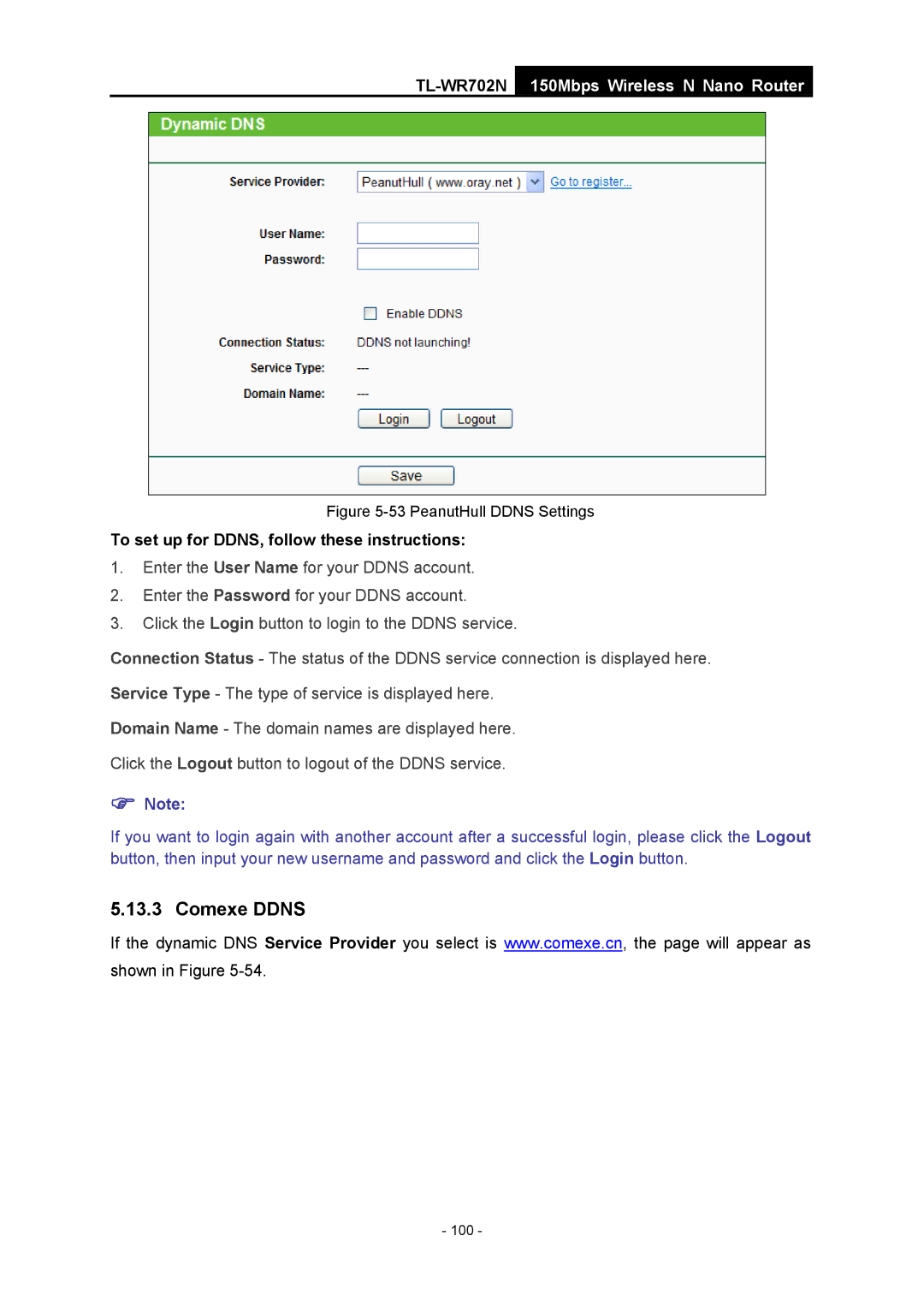 TP-Link TL-WR702N manual Comexe Ddns, PeanutHull Ddns Settings 