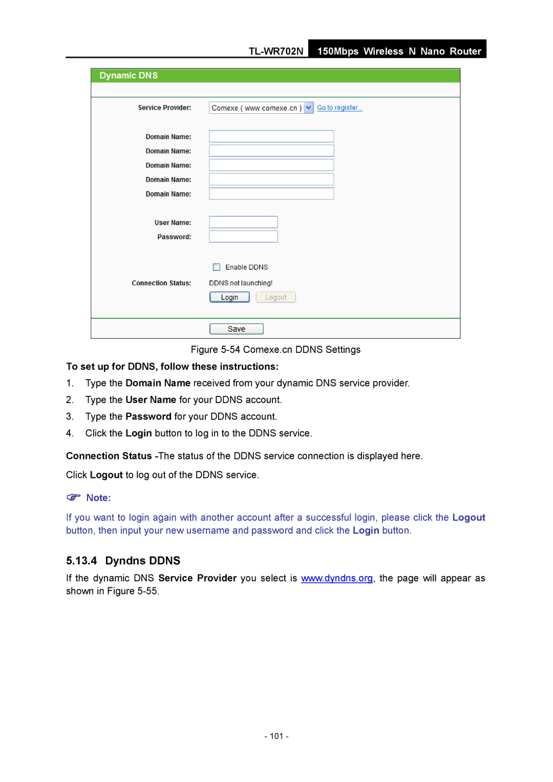 TP-Link TL-WR702N manual Dyndns Ddns, Comexe.cn Ddns Settings 