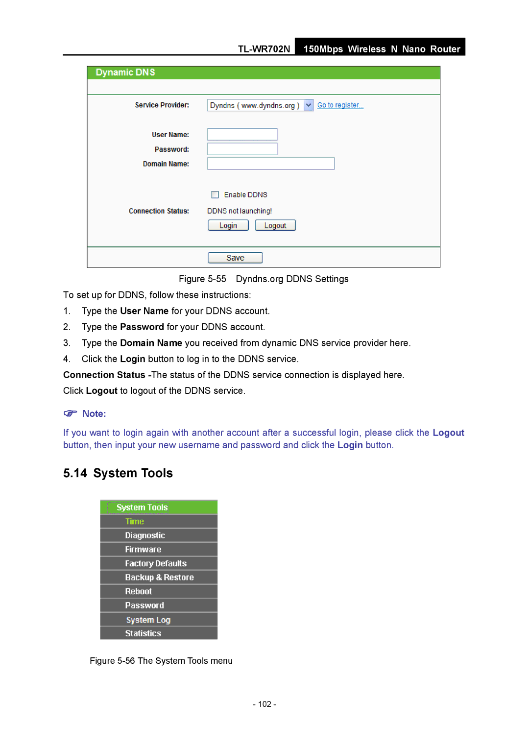 TP-Link TL-WR702N manual The System Tools menu 