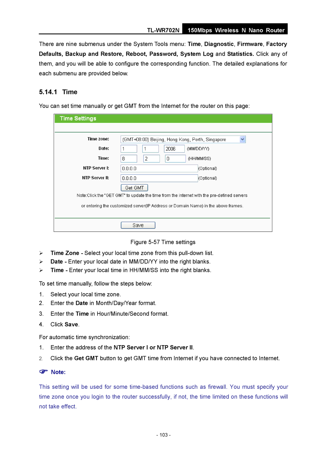 TP-Link TL-WR702N manual Time, Enter the address of the NTP Server I or NTP Server 