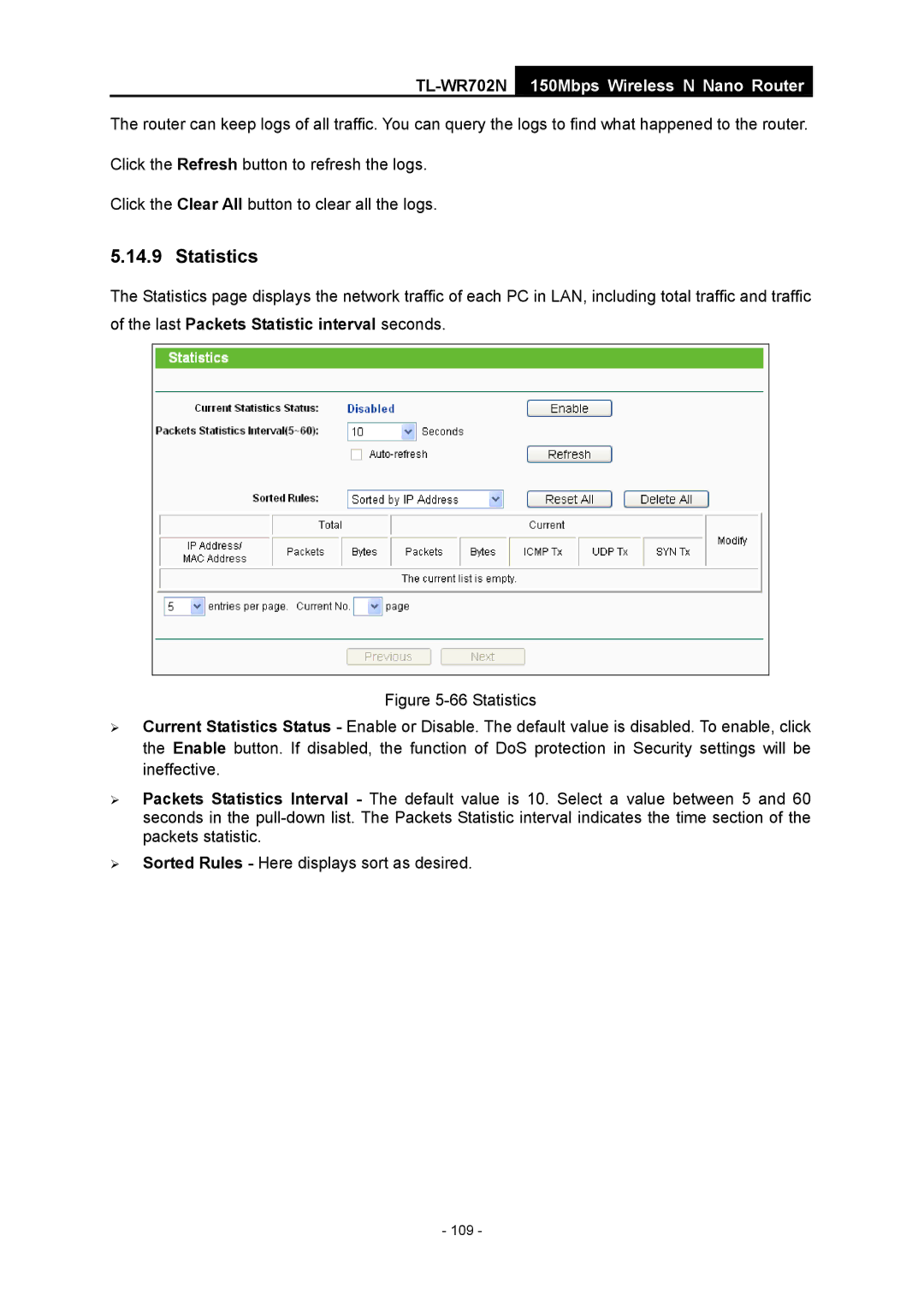 TP-Link TL-WR702N manual Statistics, Last Packets Statistic interval seconds 