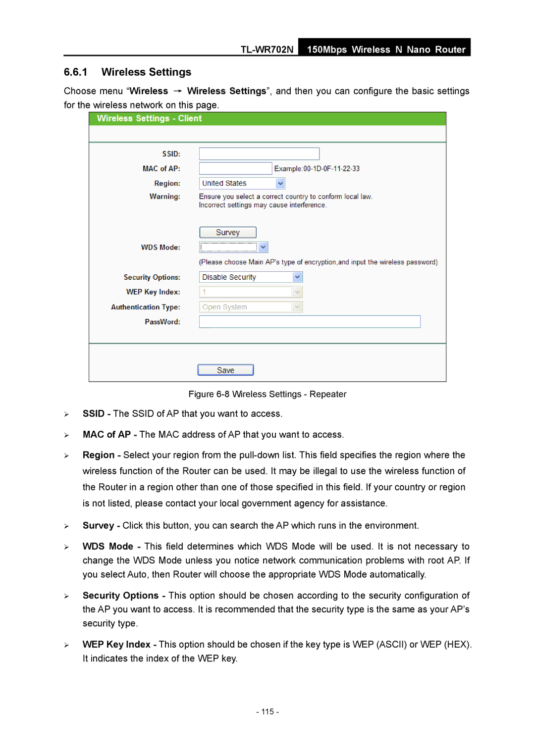 TP-Link TL-WR702N manual Wireless Settings Repeater 