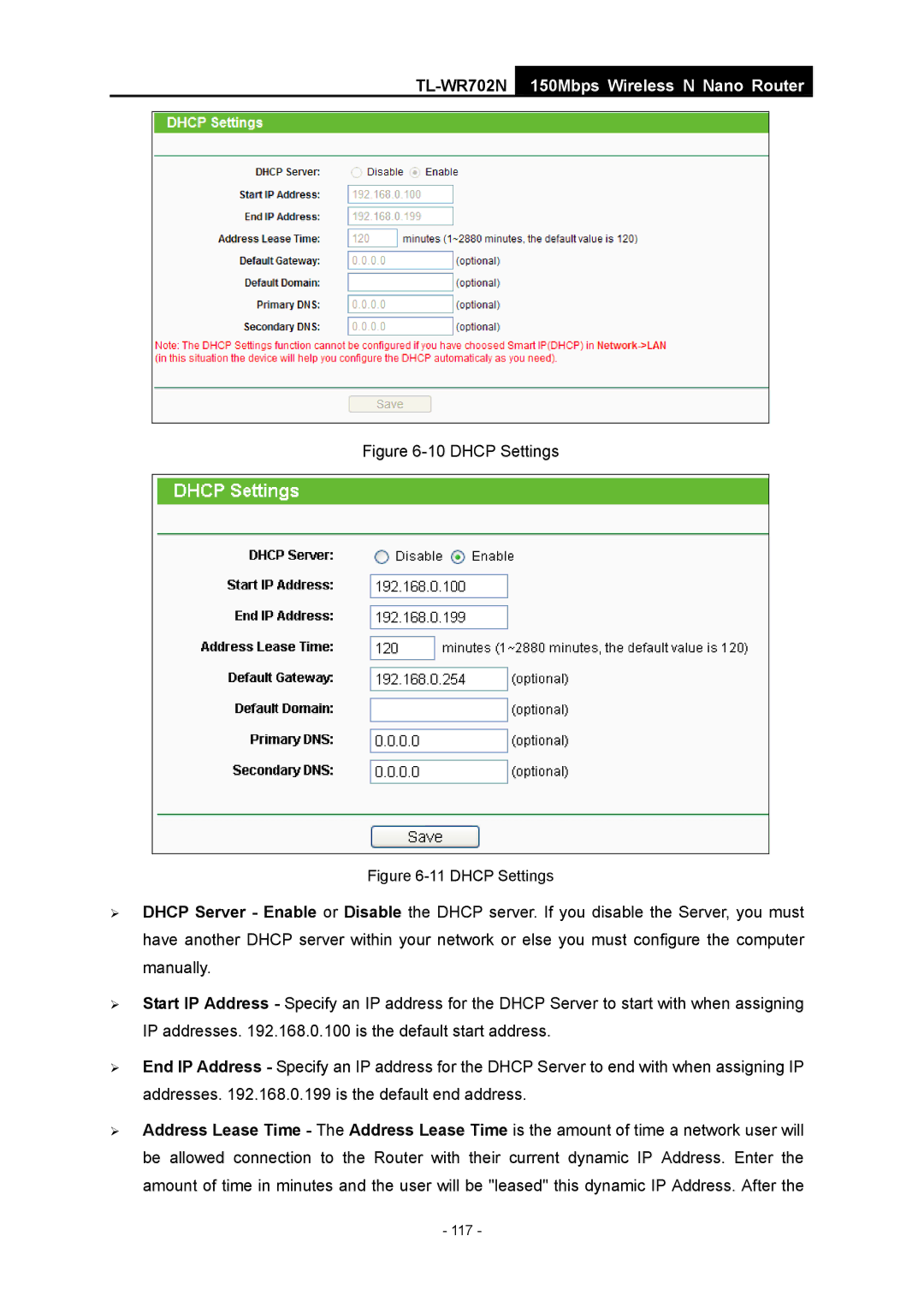 TP-Link TL-WR702N manual Dhcp Settings 