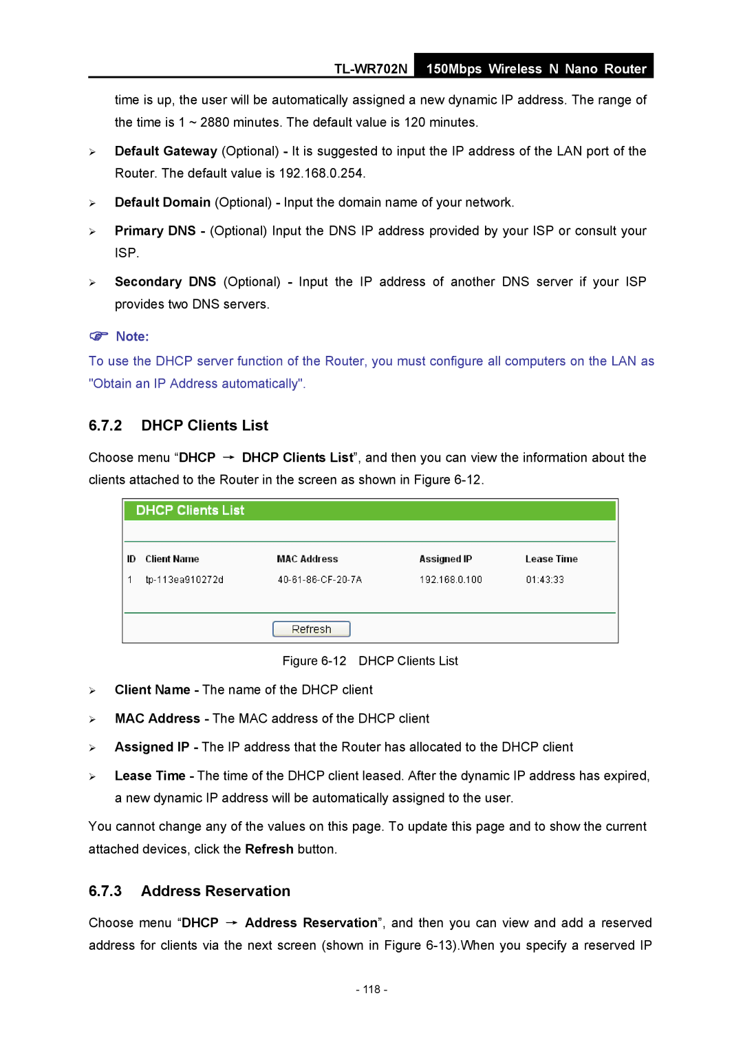 TP-Link TL-WR702N manual Dhcp Clients List 