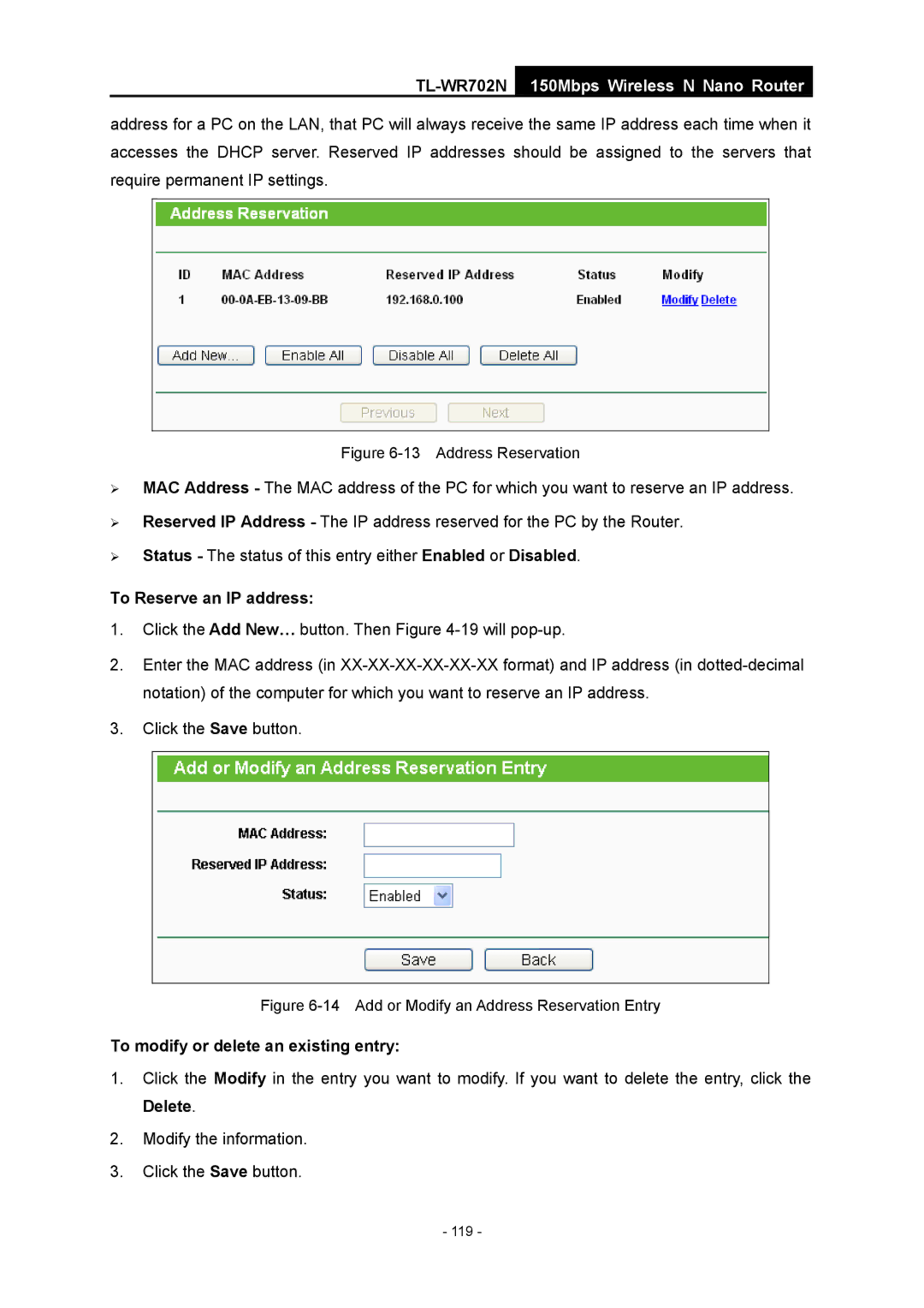 TP-Link TL-WR702N manual Address Reservation 