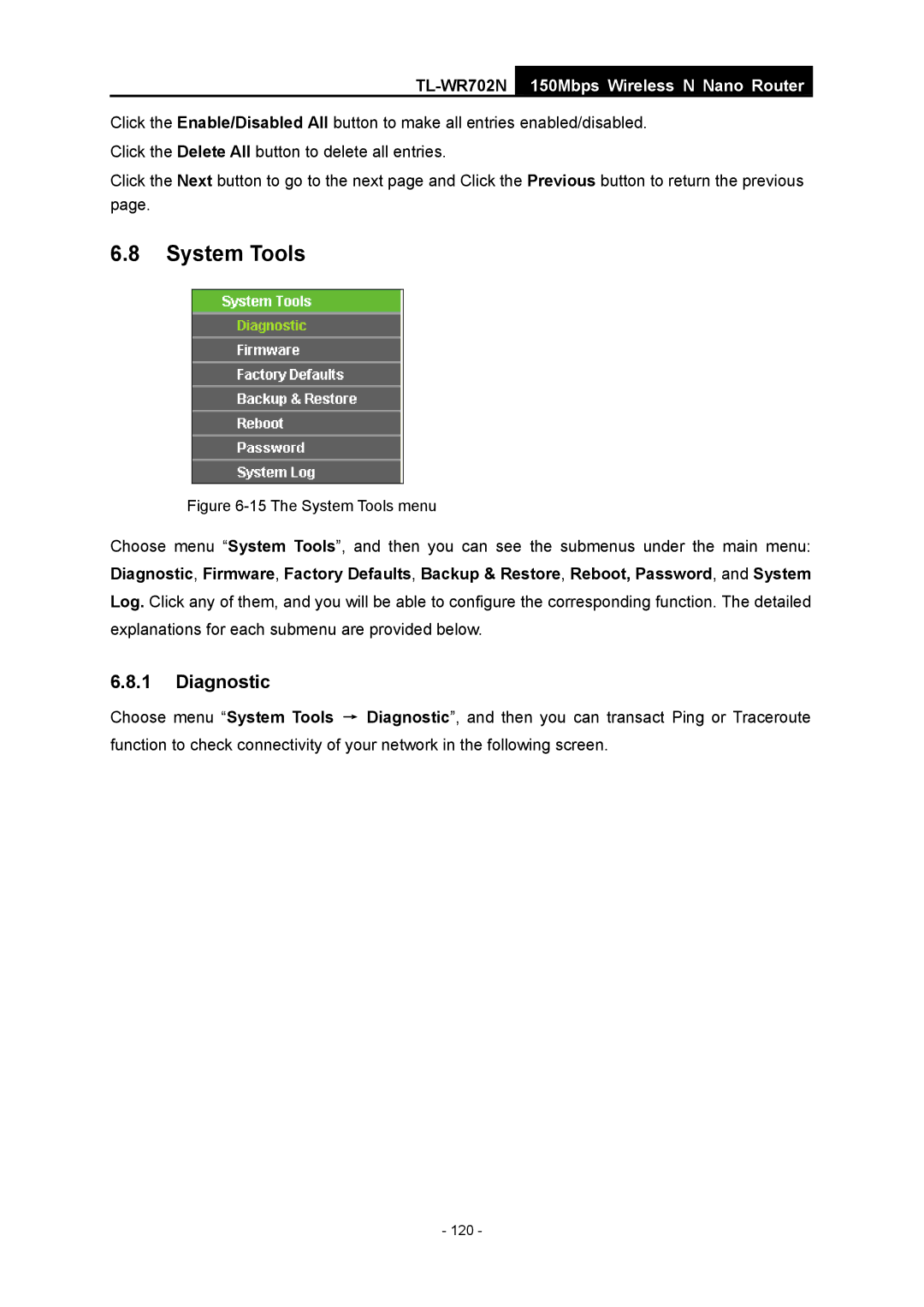 TP-Link TL-WR702N manual The System Tools menu 