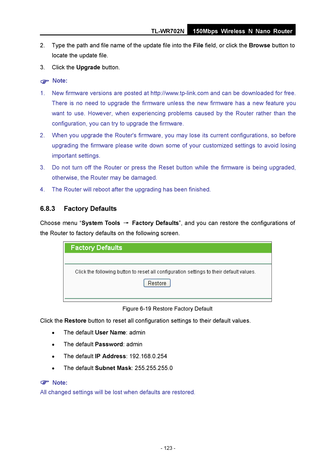 TP-Link TL-WR702N manual Restore Factory Default 