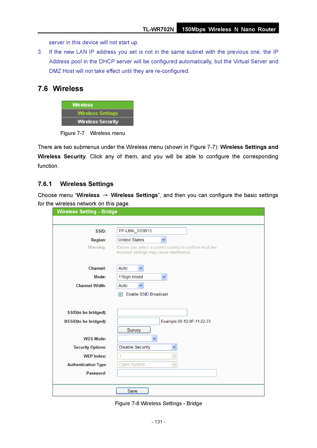 TP-Link TL-WR702N manual Wireless Settings Bridge 