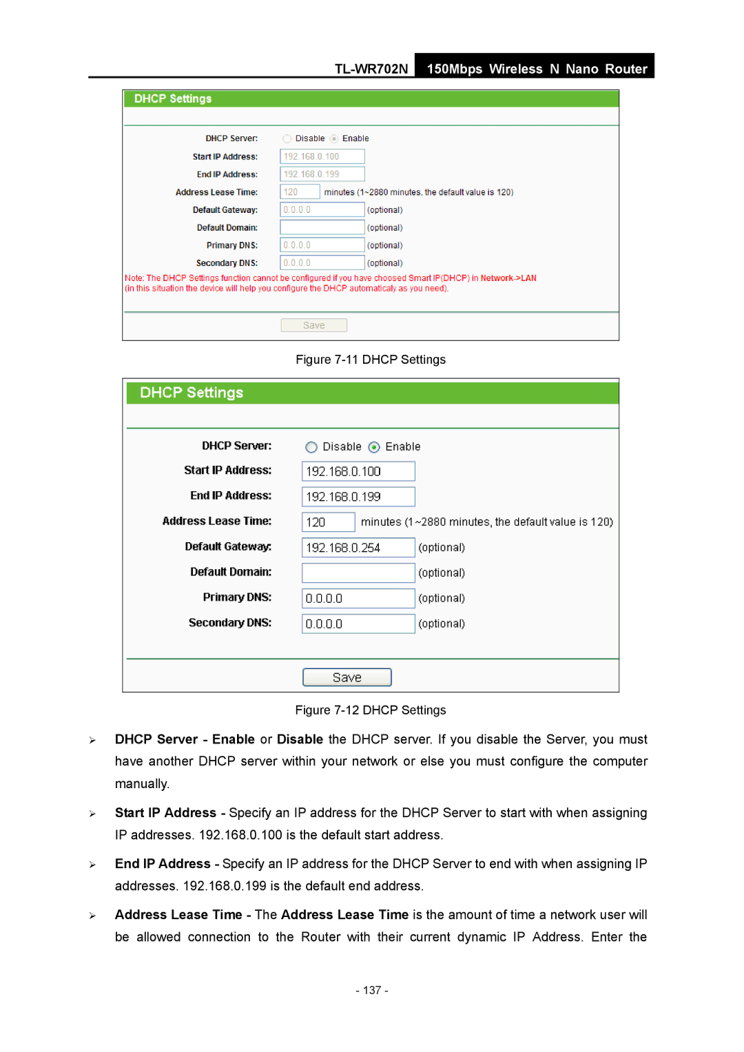 TP-Link TL-WR702N manual Dhcp Settings 