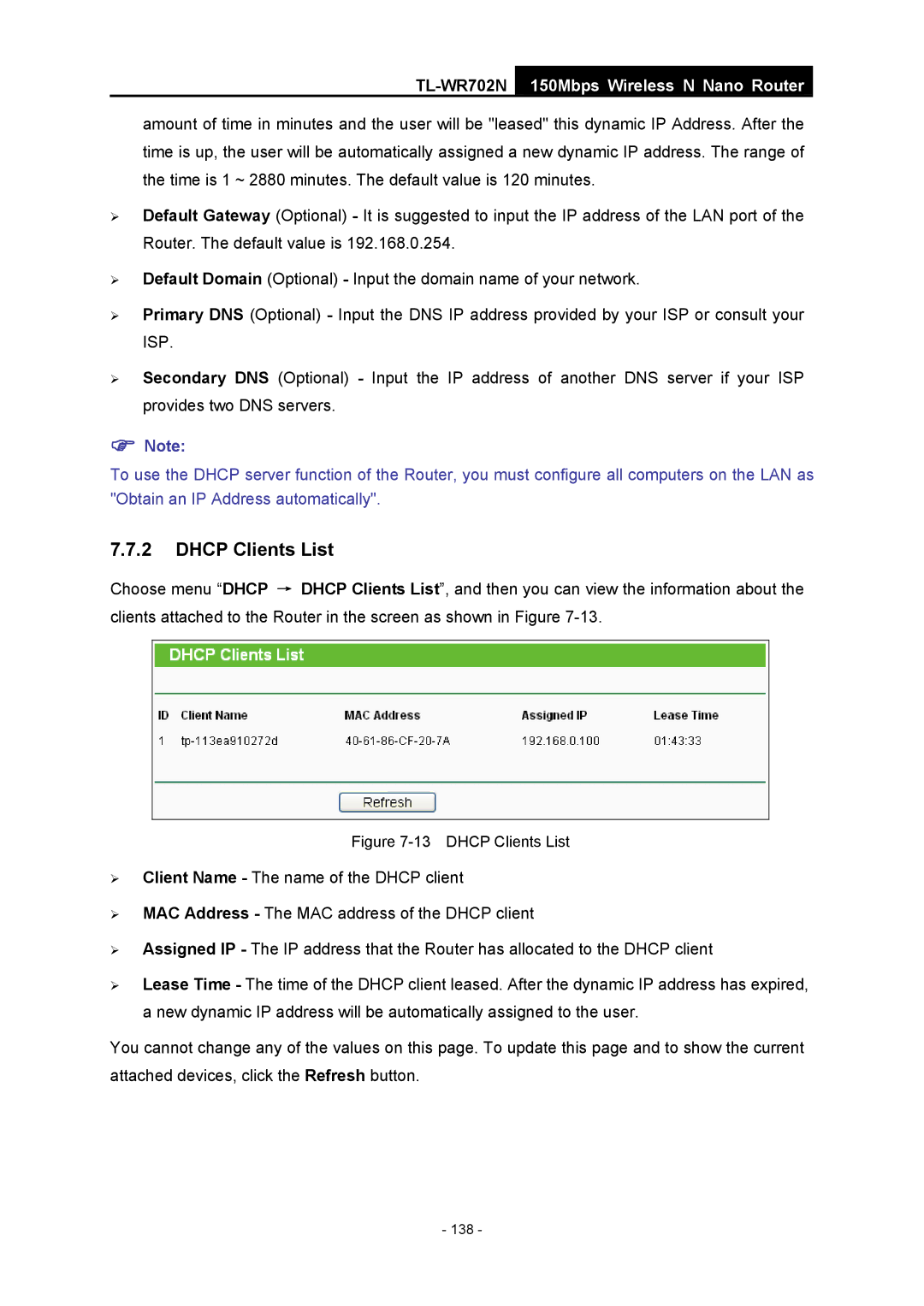 TP-Link TL-WR702N manual Dhcp Clients List 