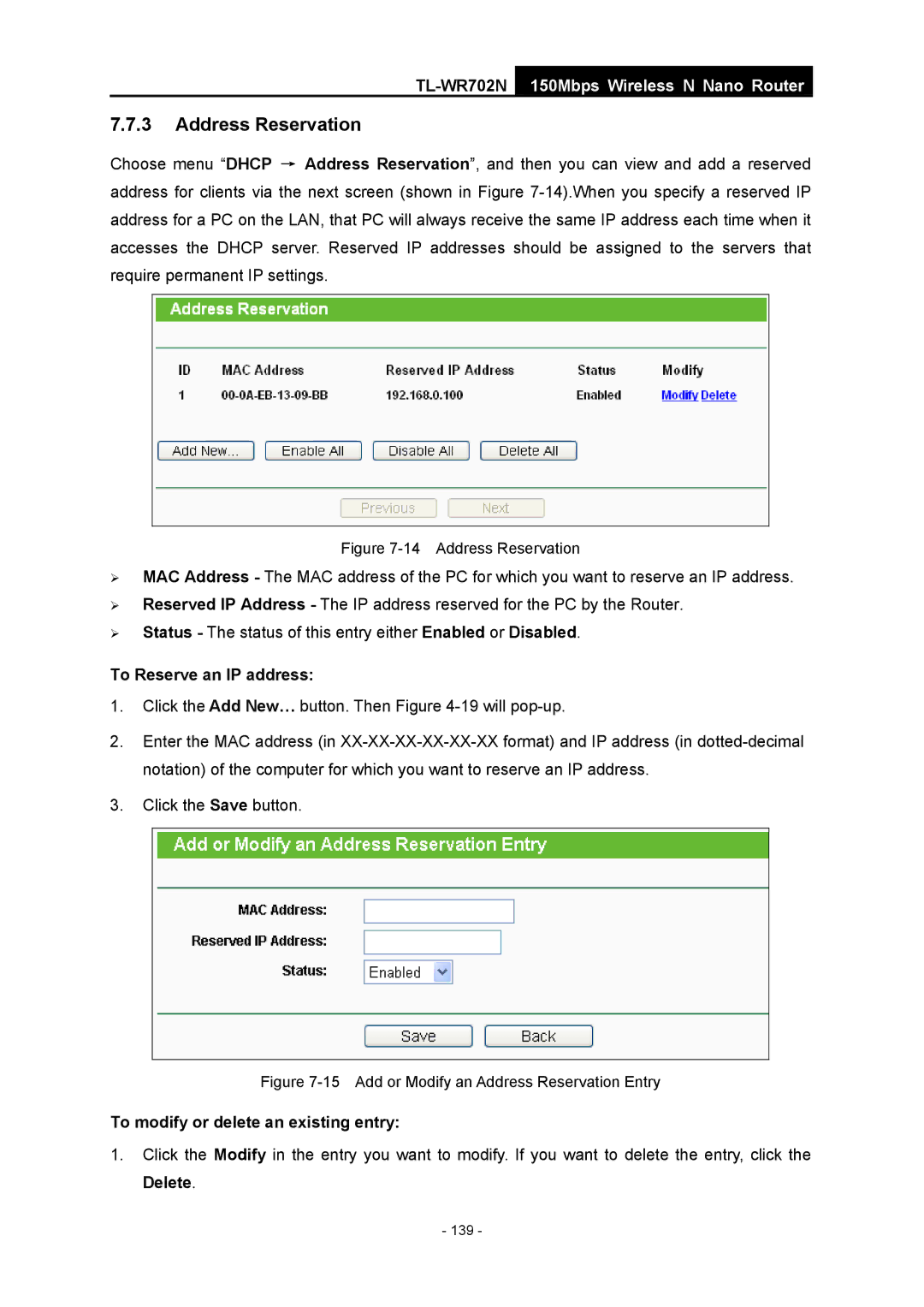 TP-Link TL-WR702N manual Address Reservation 