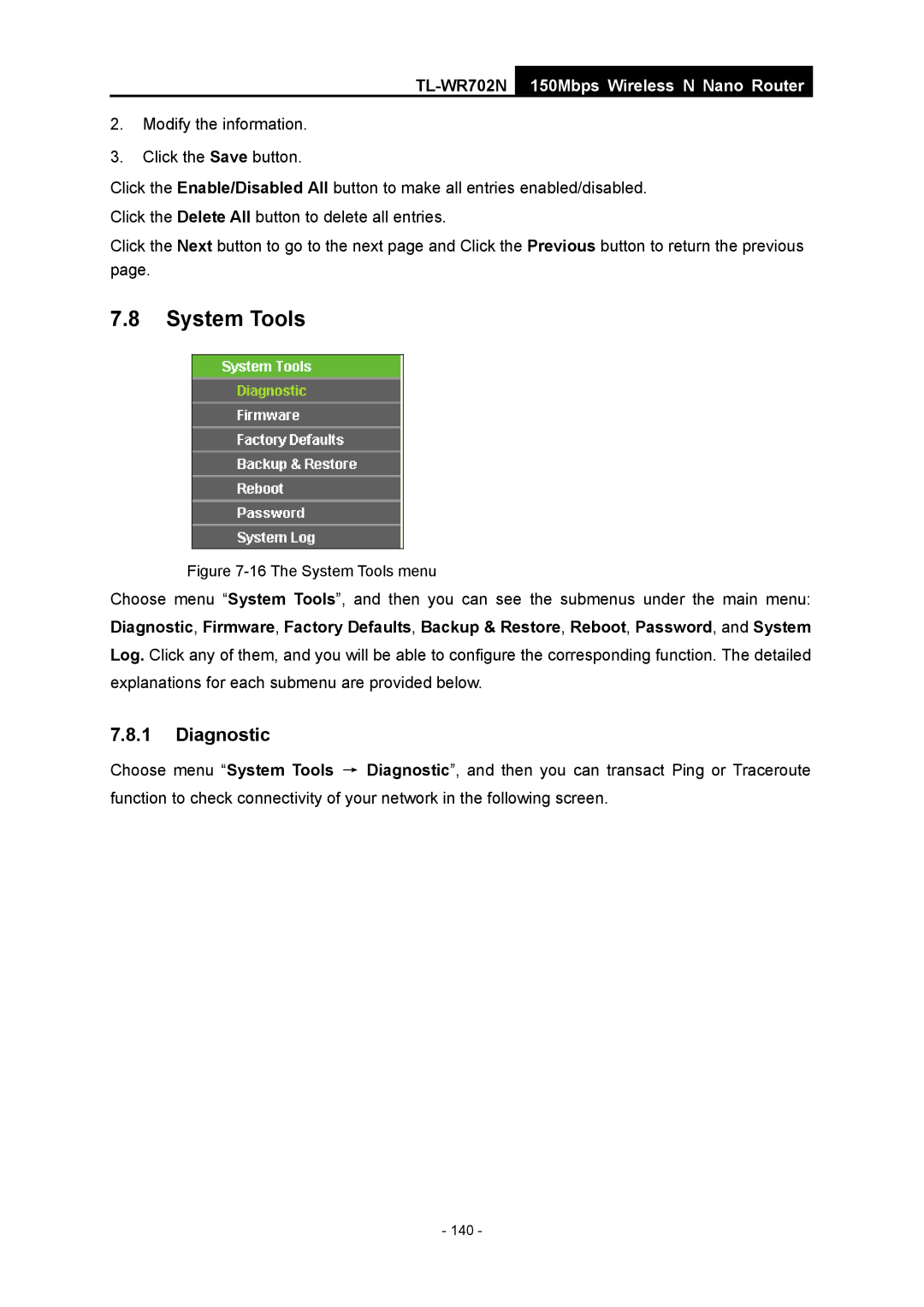 TP-Link TL-WR702N manual The System Tools menu 