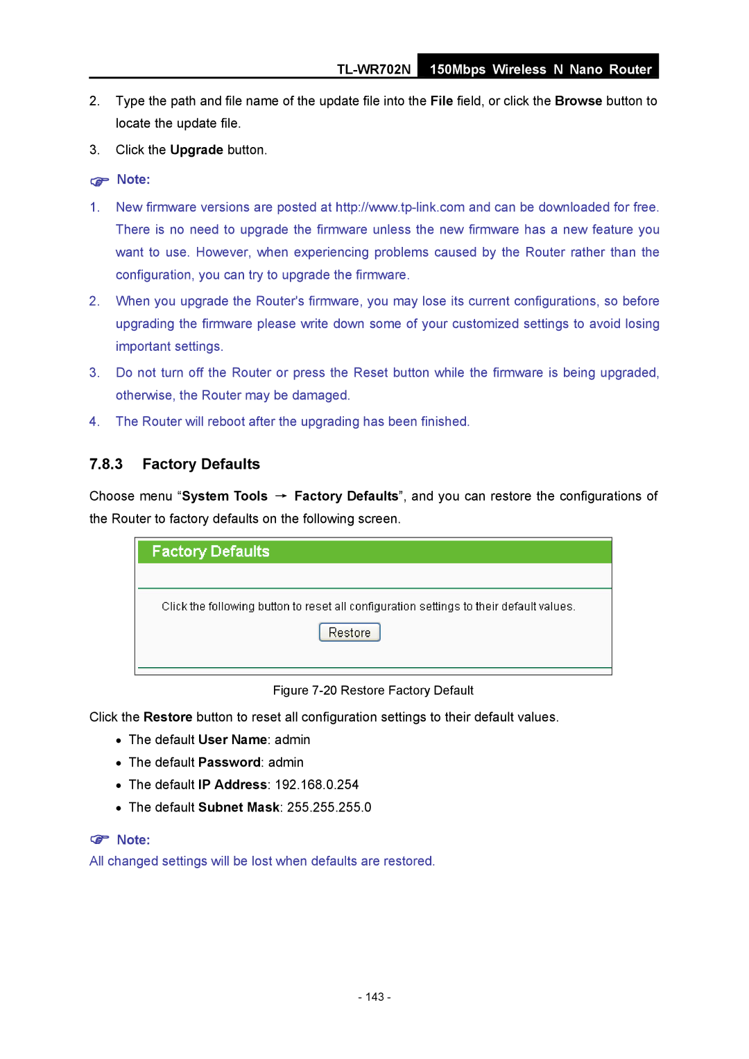 TP-Link TL-WR702N manual Restore Factory Default 