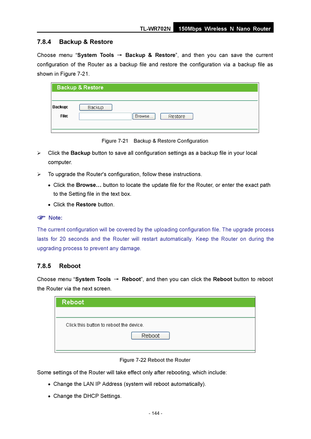 TP-Link TL-WR702N manual Backup & Restore Configuration 