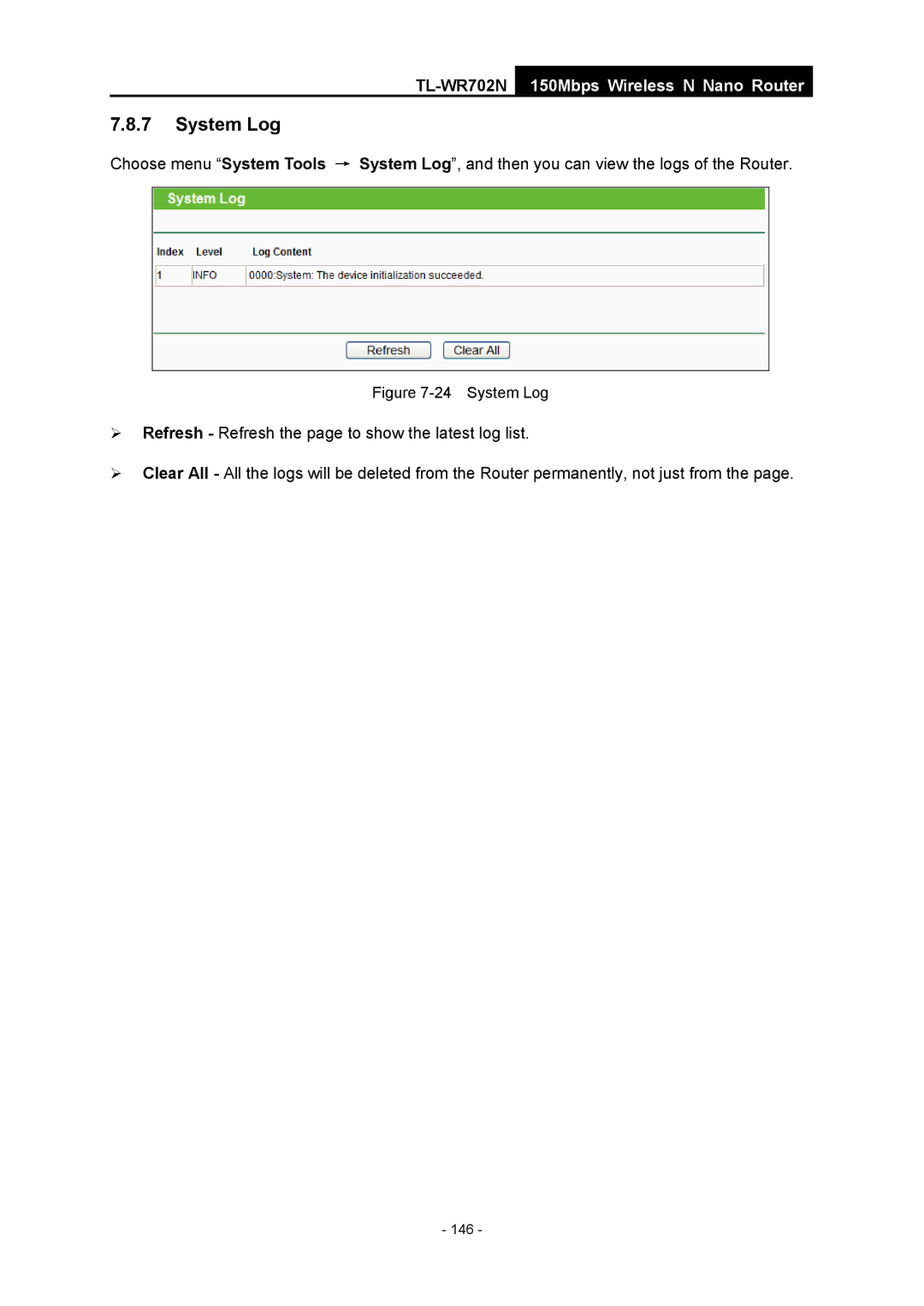 TP-Link TL-WR702N manual System Log 