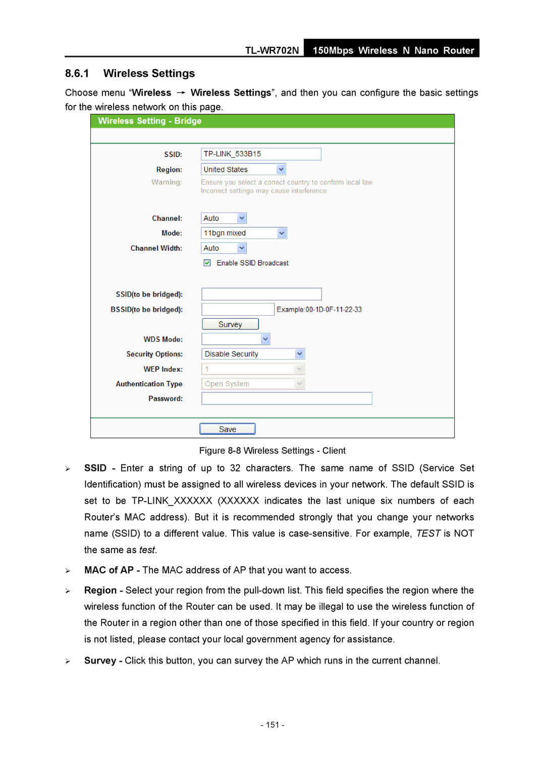 TP-Link TL-WR702N manual Wireless Settings Client 