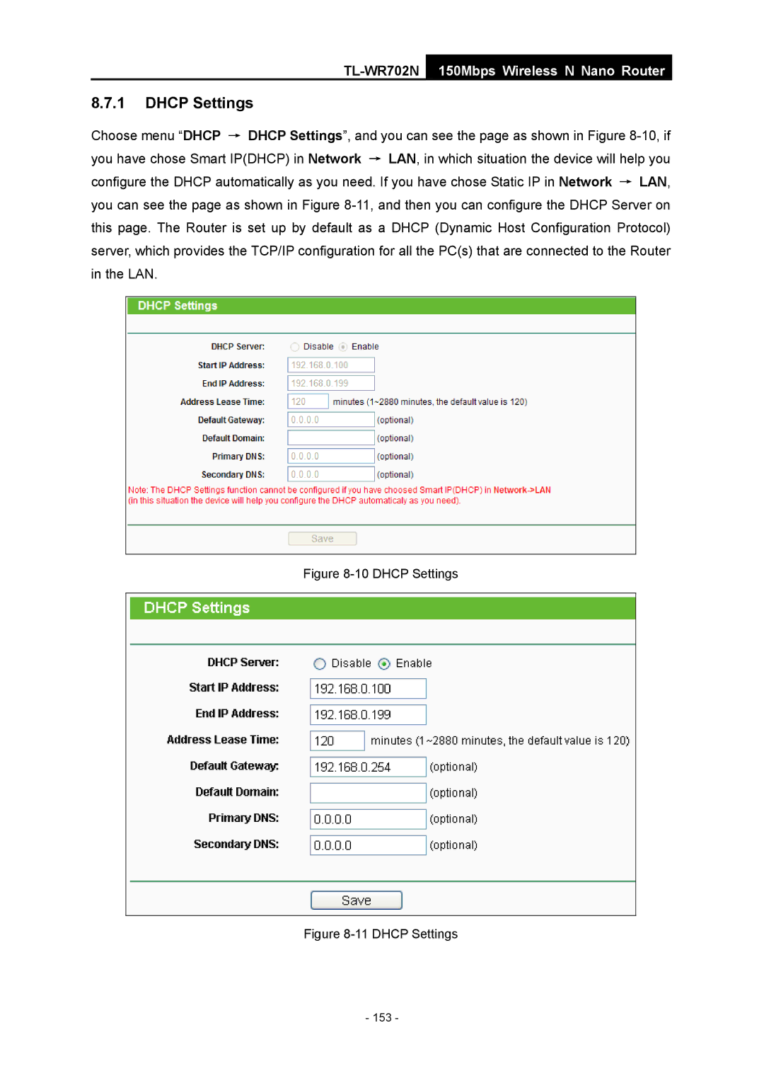 TP-Link TL-WR702N manual Dhcp Settings 