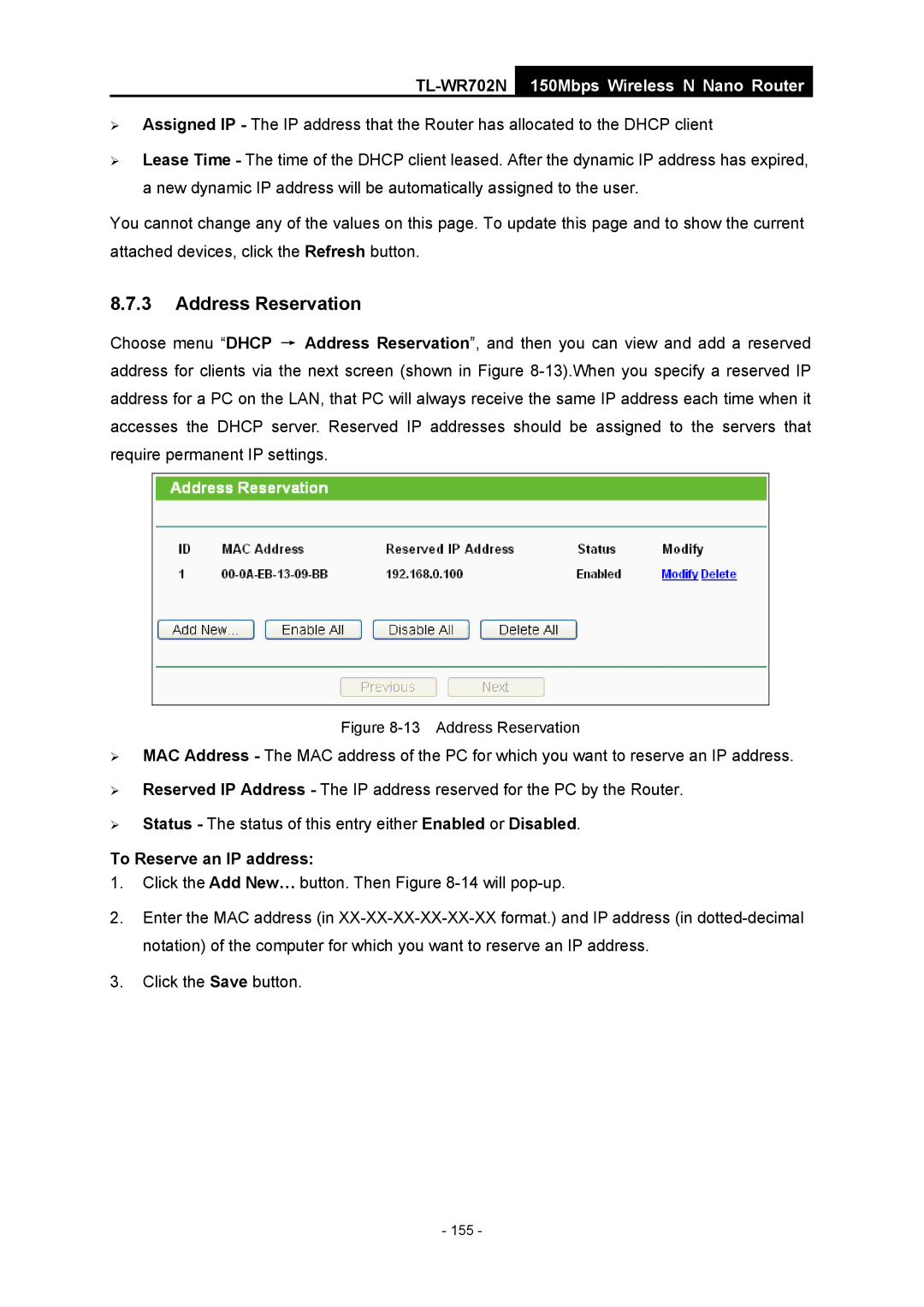 TP-Link TL-WR702N manual 155 