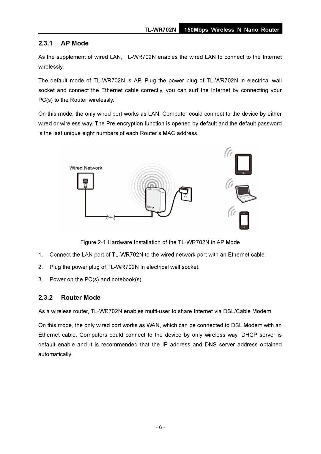 TP-Link TL-WR702N manual AP Mode, Router Mode 