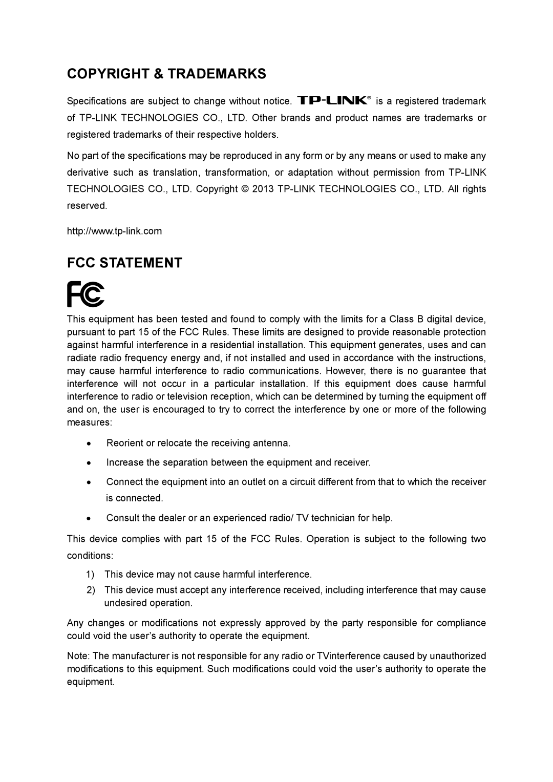 TP-Link TL-WR702N manual Copyright & Trademarks FCC Statement 