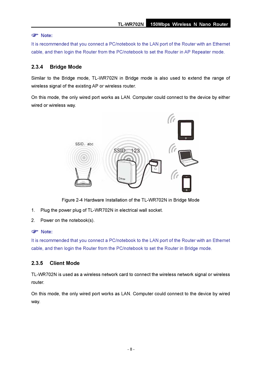 TP-Link TL-WR702N manual Bridge Mode, Client Mode 