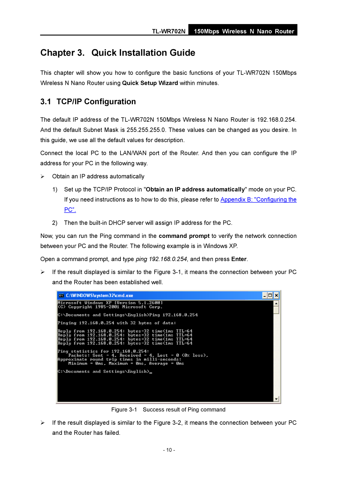 TP-Link TL-WR702N manual Quick Installation Guide, TCP/IP Configuration 