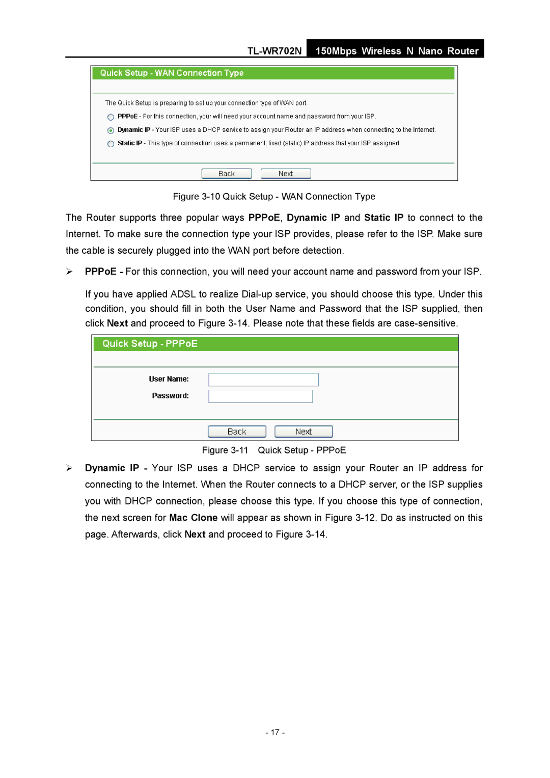 TP-Link TL-WR702N manual Quick Setup WAN Connection Type 