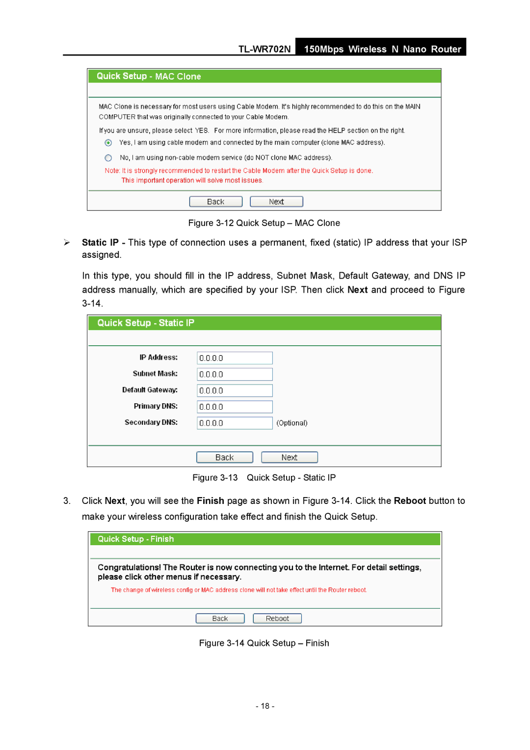 TP-Link TL-WR702N manual Quick Setup MAC Clone 