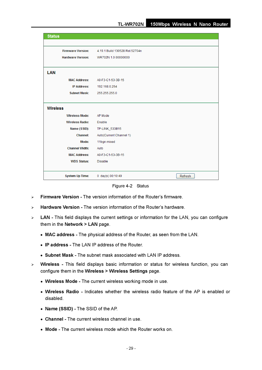 TP-Link TL-WR702N manual Status 