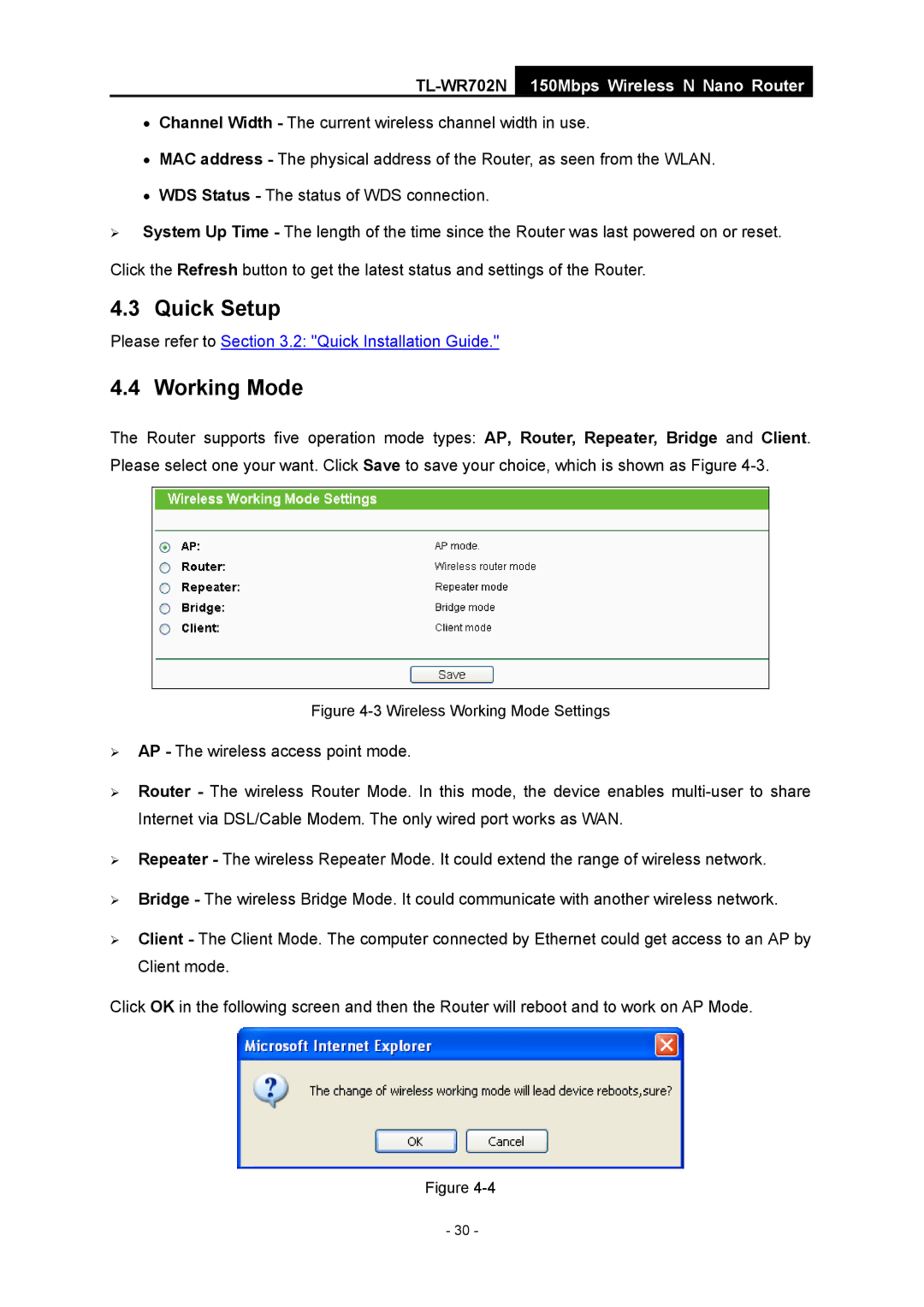 TP-Link TL-WR702N manual Quick Setup, Working Mode 