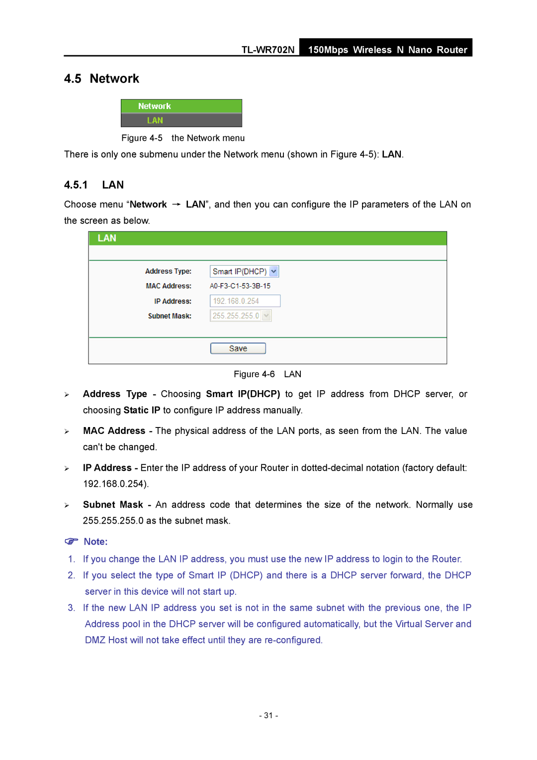 TP-Link TL-WR702N manual Network, 1 LAN 