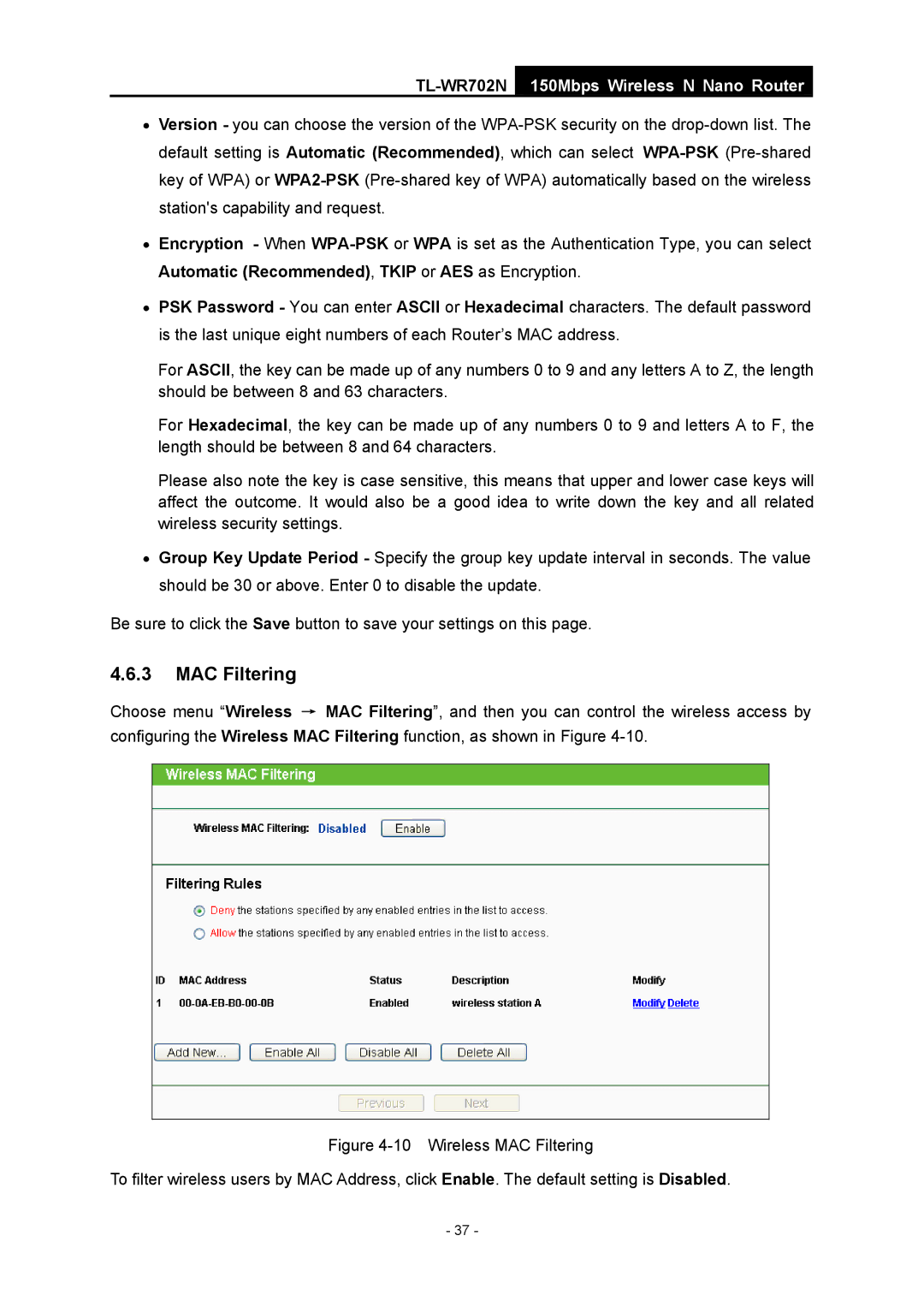 TP-Link TL-WR702N manual MAC Filtering 