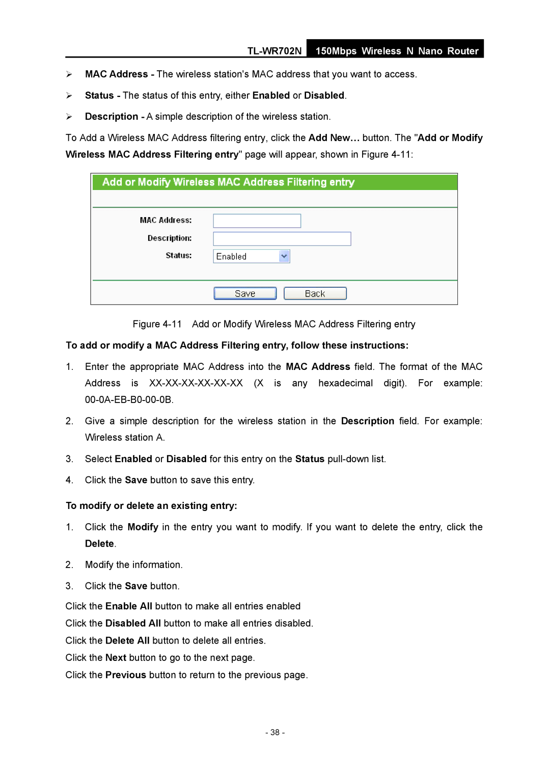 TP-Link TL-WR702N manual Add or Modify Wireless MAC Address Filtering entry, To modify or delete an existing entry 