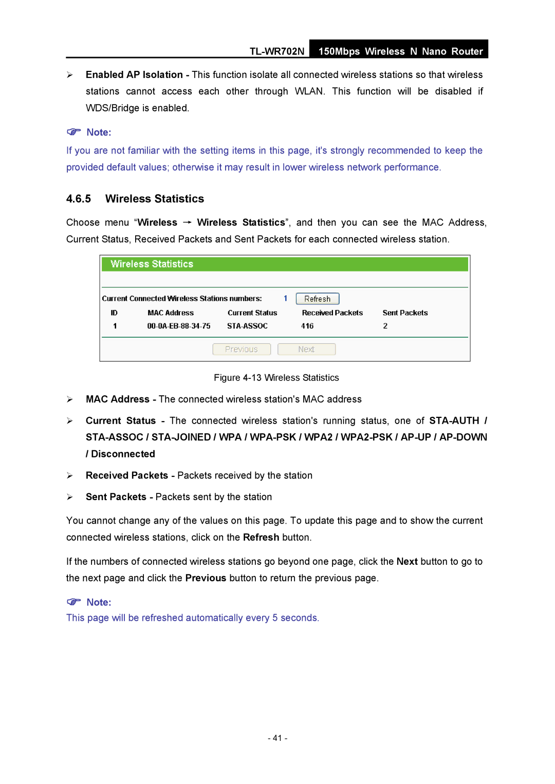 TP-Link TL-WR702N manual Wireless Statistics 