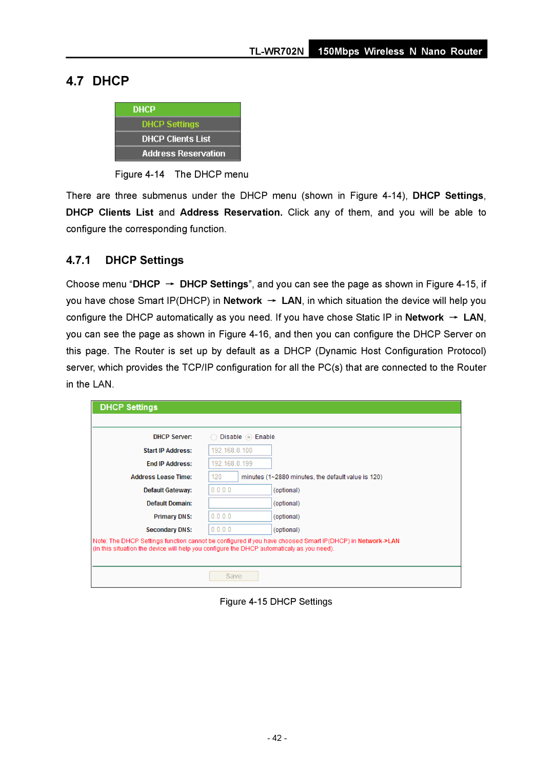 TP-Link TL-WR702N manual Dhcp Settings 