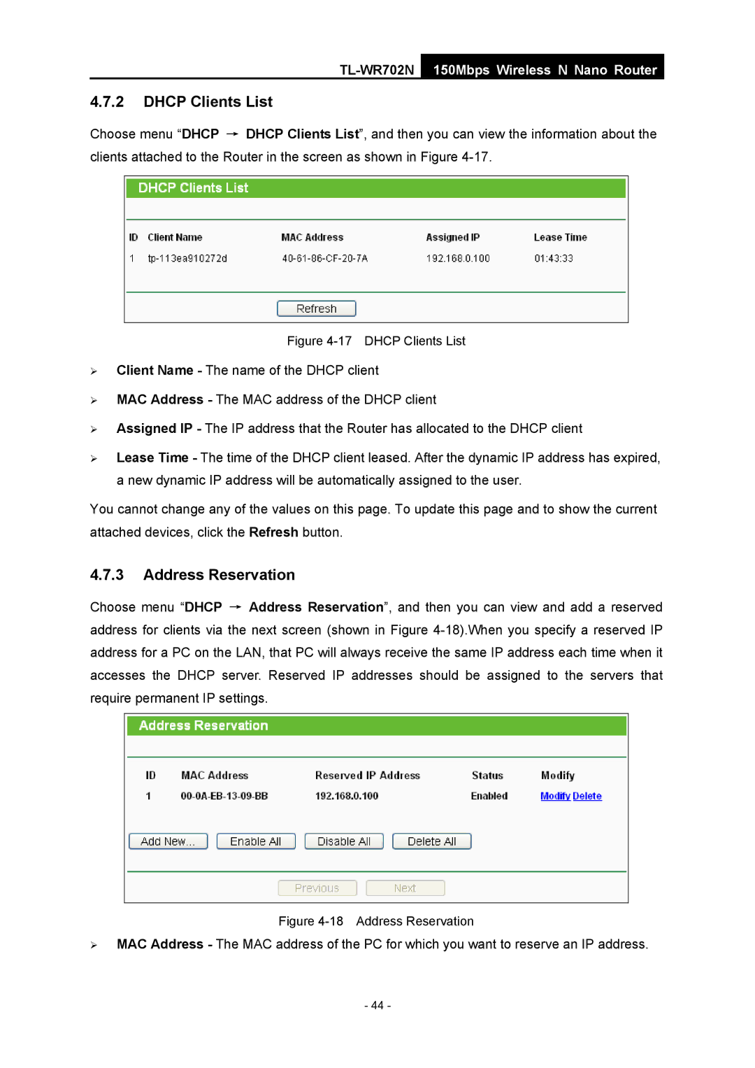 TP-Link TL-WR702N manual Dhcp Clients List, Address Reservation 