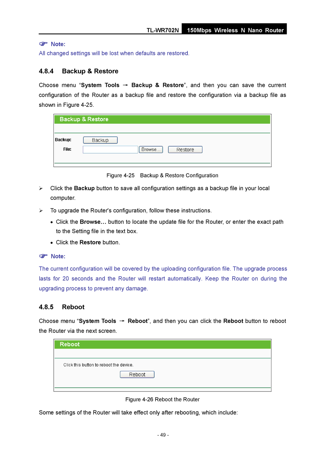 TP-Link TL-WR702N manual Backup & Restore, Reboot 