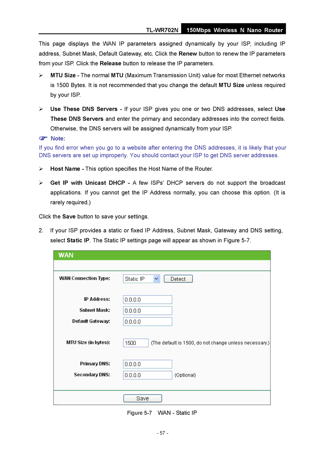 TP-Link TL-WR702N manual 7WAN Static IP 