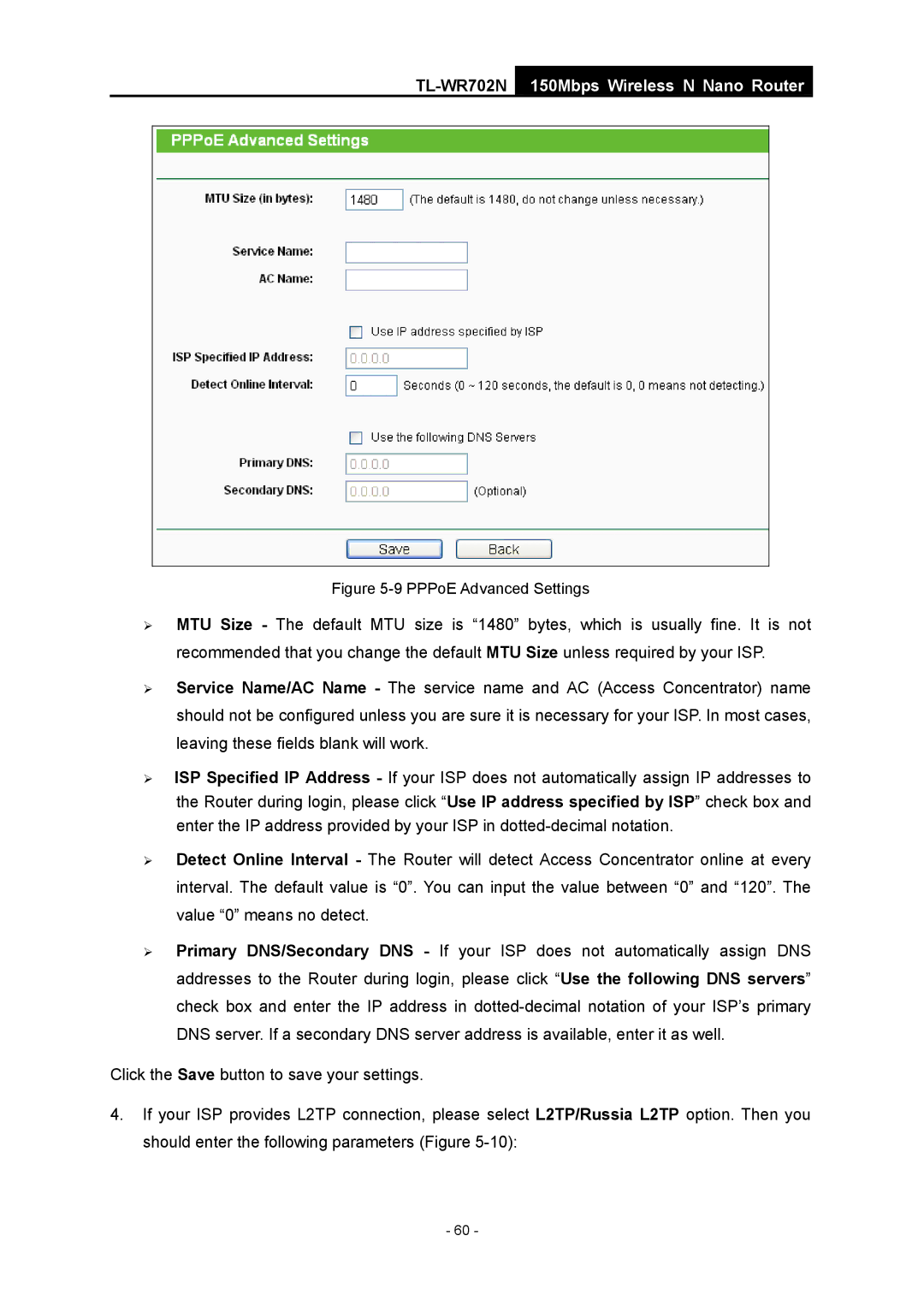 TP-Link TL-WR702N manual PPPoE Advanced Settings 