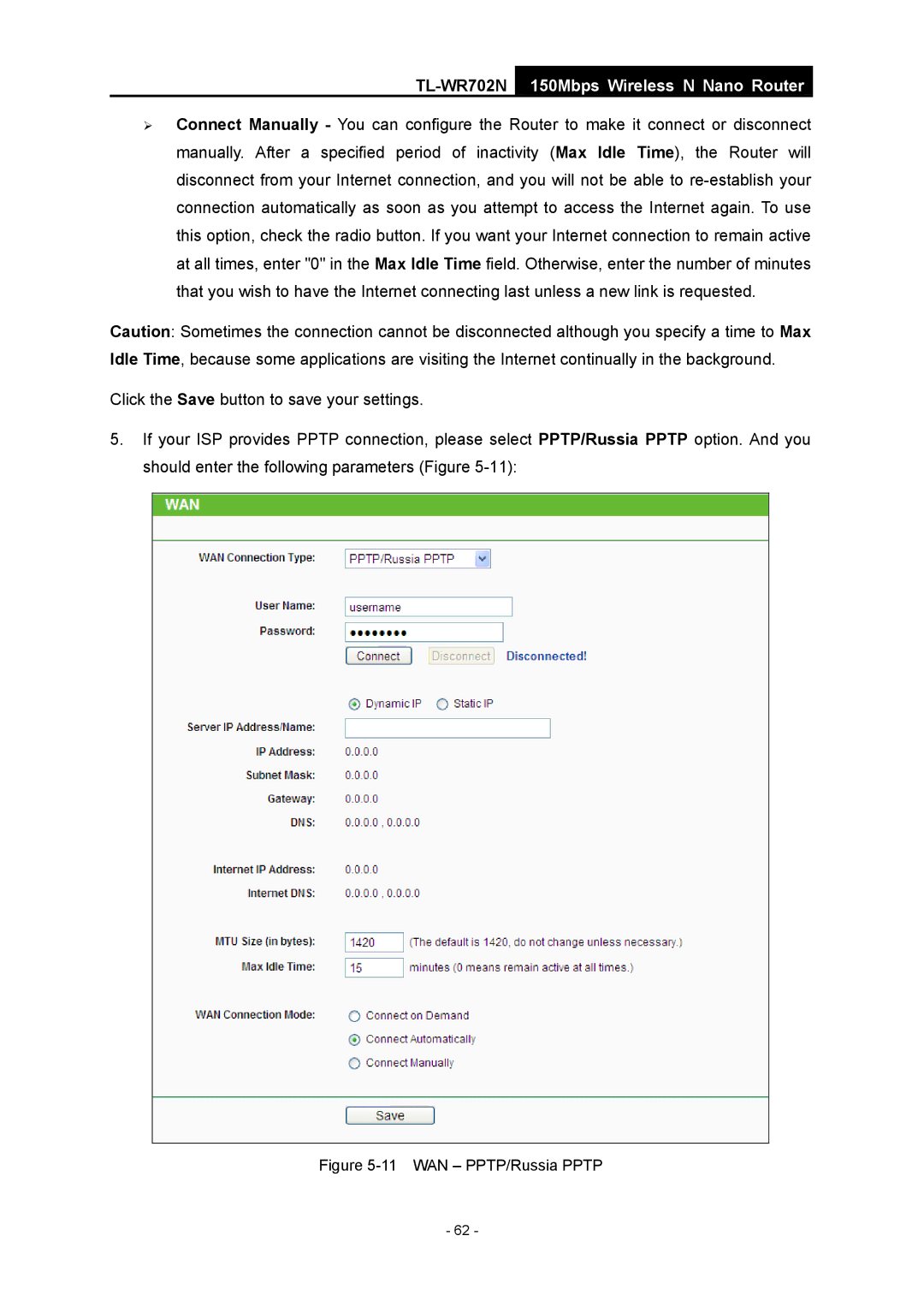 TP-Link TL-WR702N manual WAN PPTP/Russia Pptp 