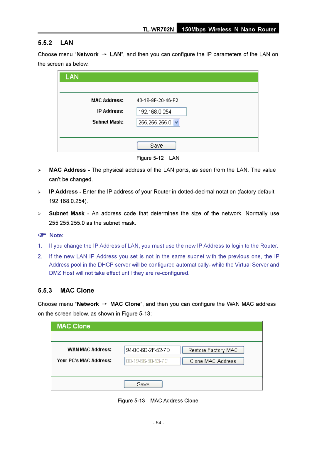 TP-Link TL-WR702N manual 2 LAN, MAC Clone 