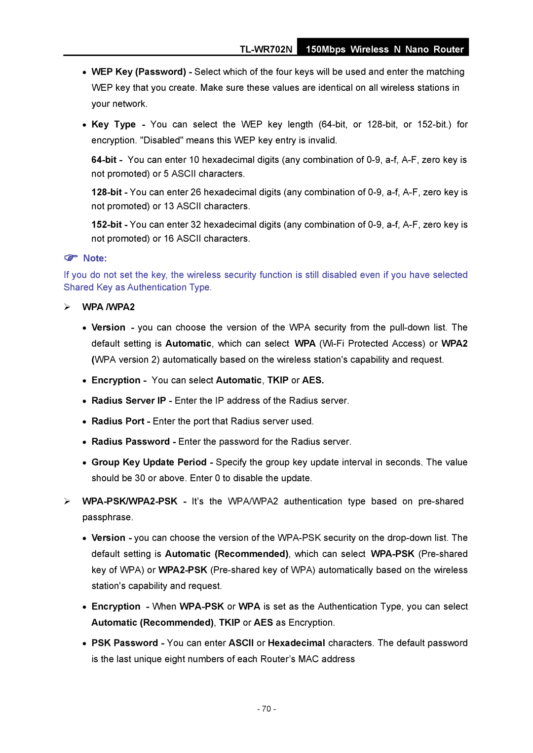 TP-Link TL-WR702N manual ¾ WPA /WPA2 