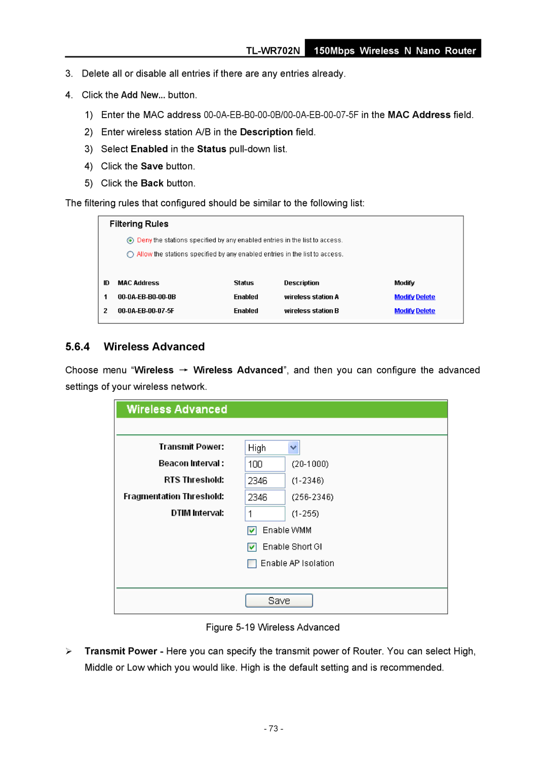 TP-Link TL-WR702N manual Wireless Advanced 