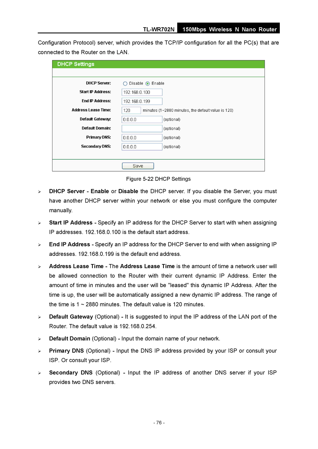 TP-Link TL-WR702N manual Dhcp Settings 