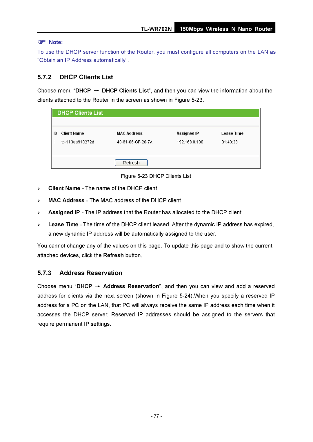 TP-Link TL-WR702N manual Dhcp Clients List 