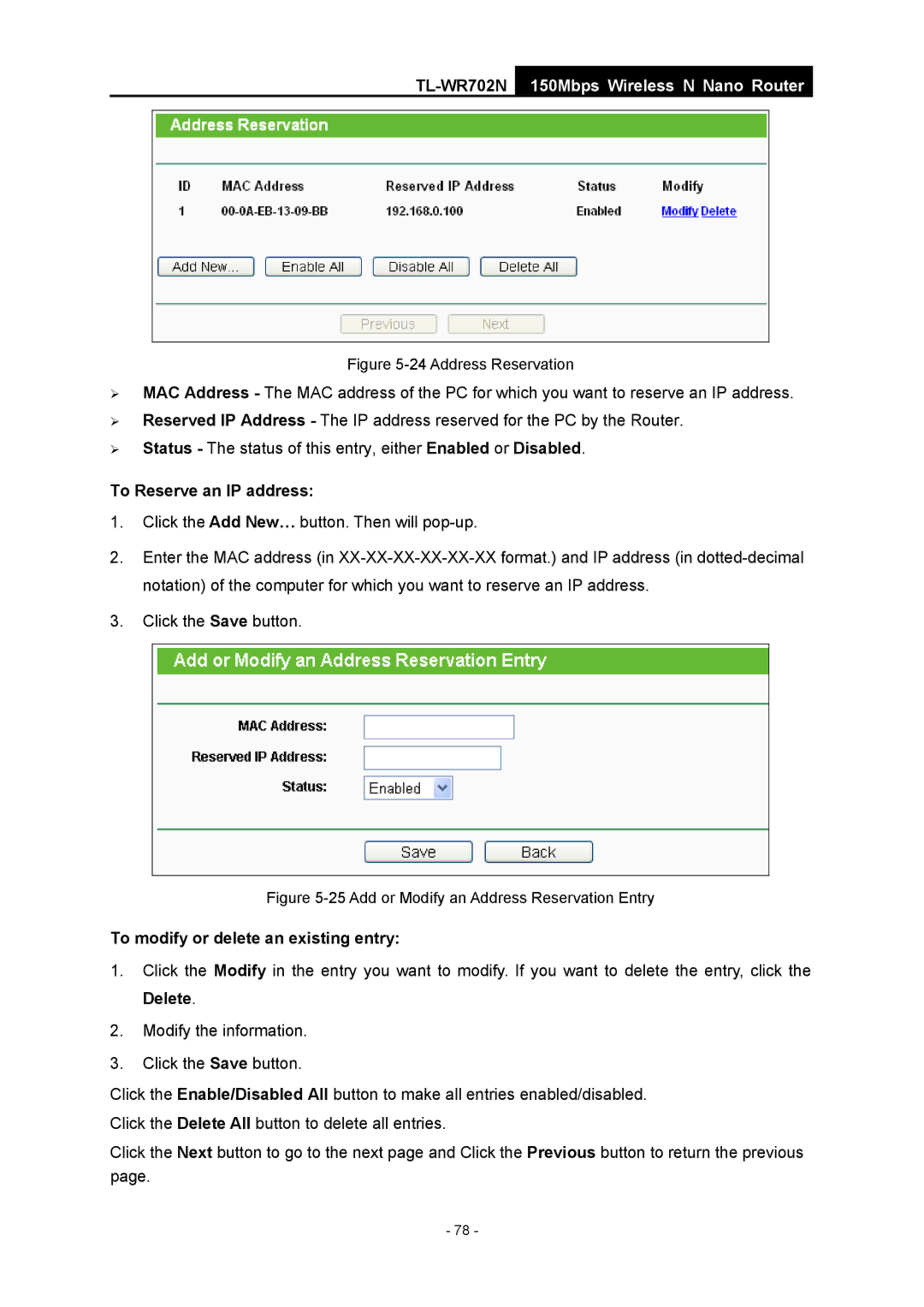 TP-Link TL-WR702N manual Address Reservation 