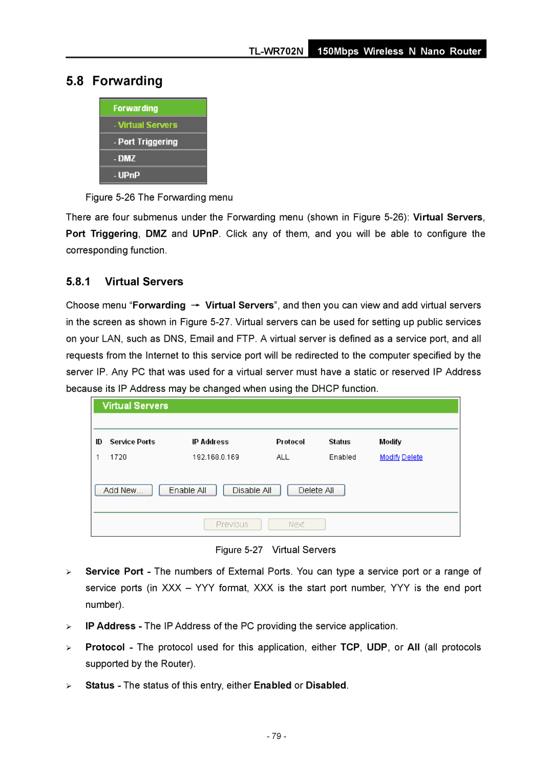 TP-Link TL-WR702N manual Forwarding, Virtual Servers 