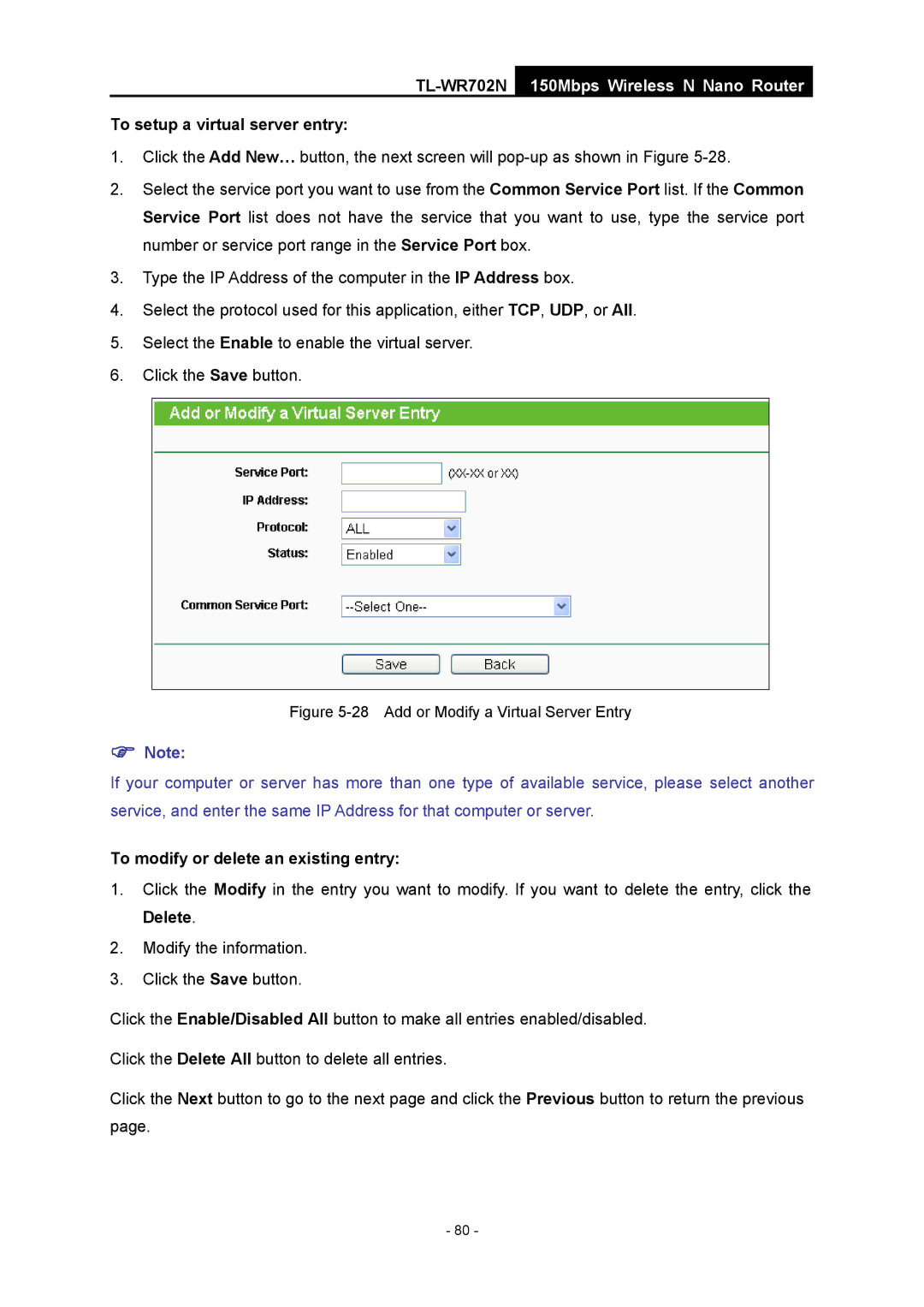 TP-Link TL-WR702N manual To setup a virtual server entry, Add or Modify a Virtual Server Entry 