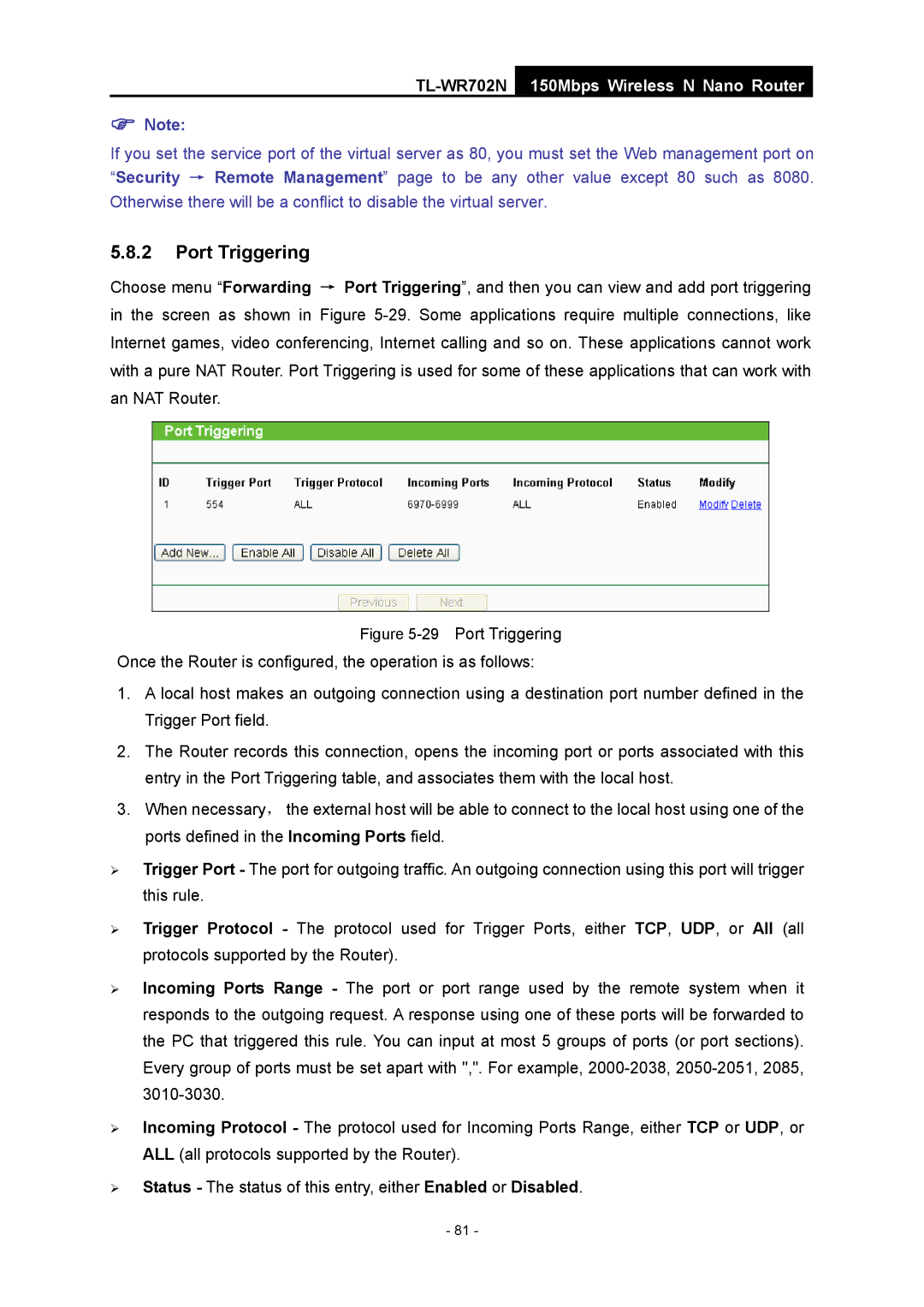 TP-Link TL-WR702N manual Port Triggering 