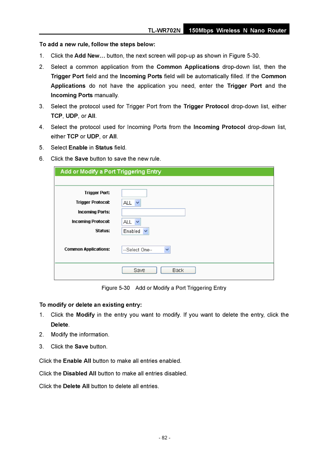 TP-Link TL-WR702N manual To add a new rule, follow the steps below, Add or Modify a Port Triggering Entry 